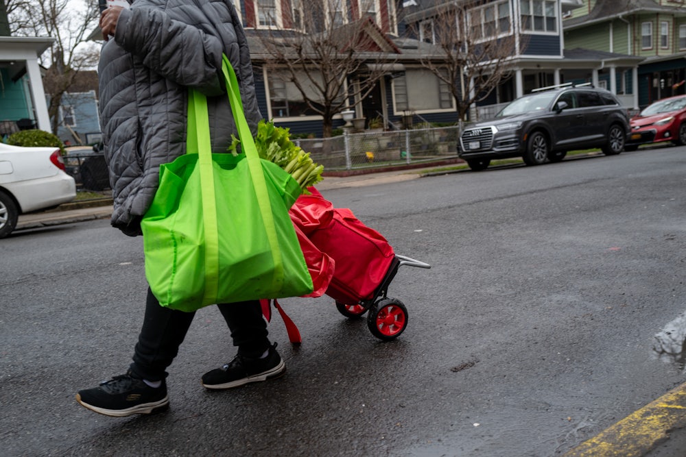 Free food is distributed to residents in need at a weekly food bank at Our Lady of Refuge Church in Brooklyn on February 28, 2024 in New York City.