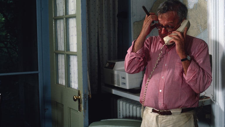 The writer and publisher Jason Epstein on the phone at his home, Sag Harbor, New York, in 1984