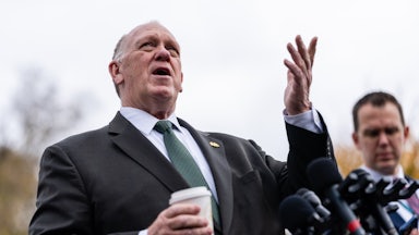 Trump's border czar Tom Homan speaks into a microphone.