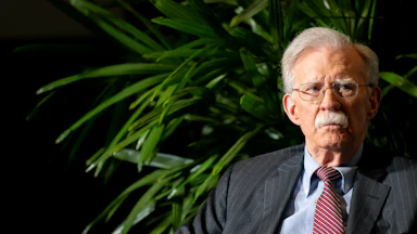 John Bolton sits in front of a plant onstage during an event