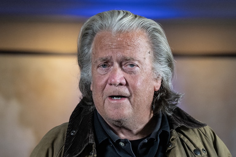 Steve Bannon speaks to reporters after being released from jail