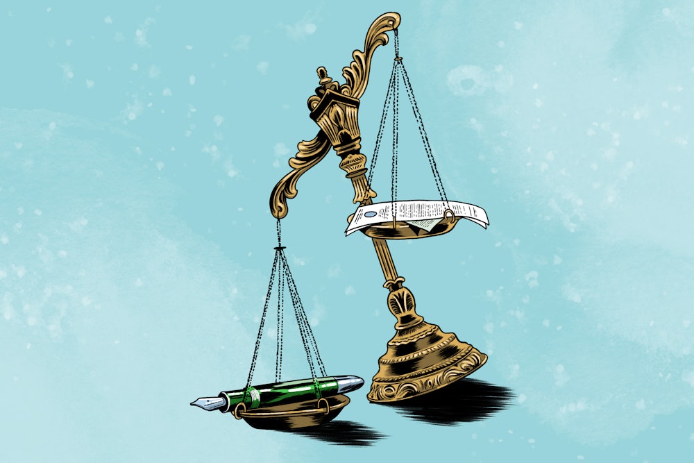 An illustration of the scales of justice tipped with a pen given the most weight