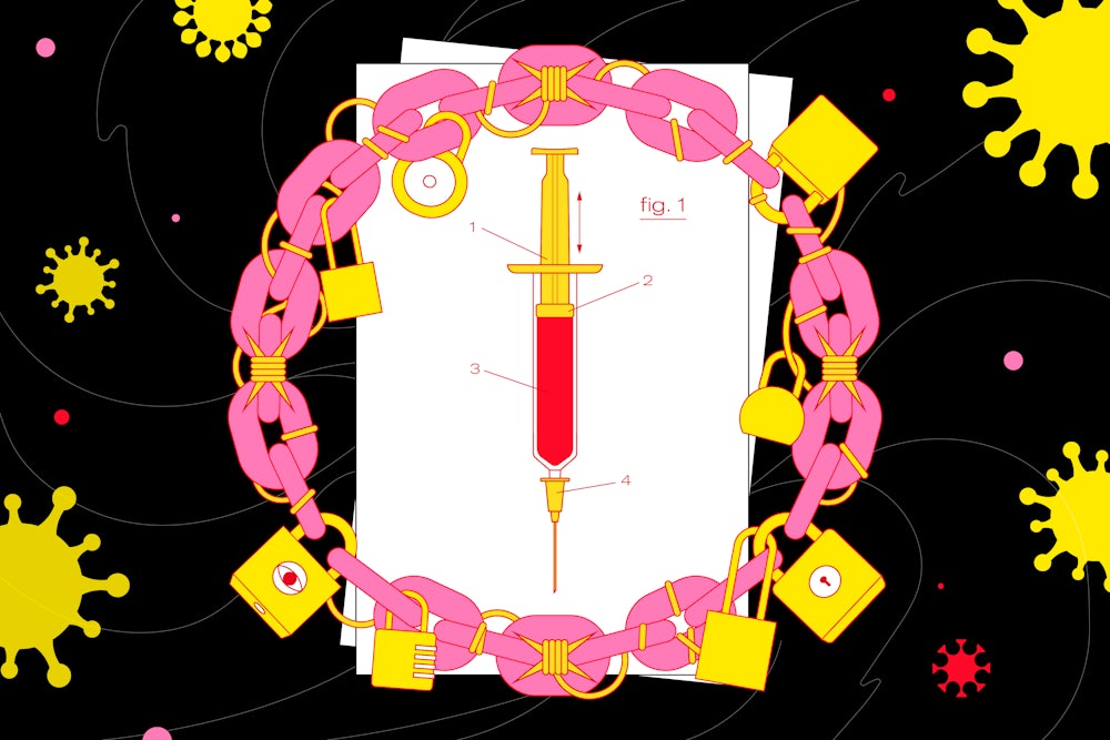 A syringe surrounded by padlocks.