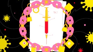 A syringe surrounded by padlocks.