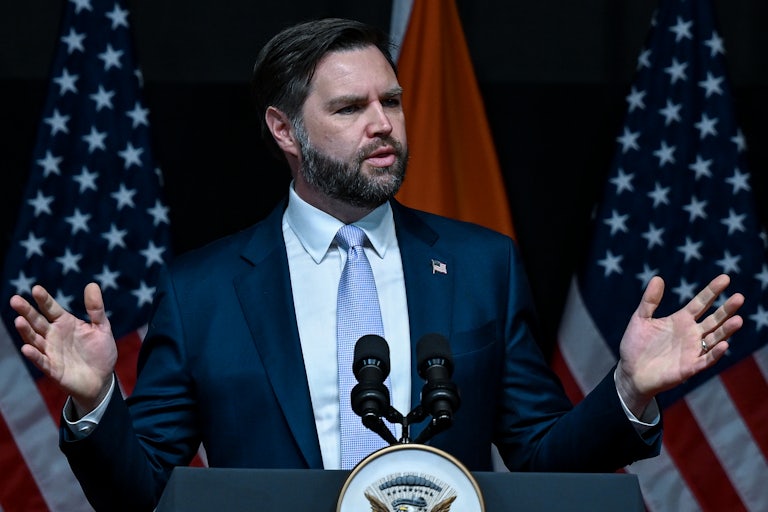 JD Vance delivers a speech at a lectern