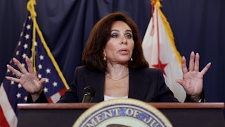 D.C. Attorney Jeanine Pirro speaks at a Justice Department podium