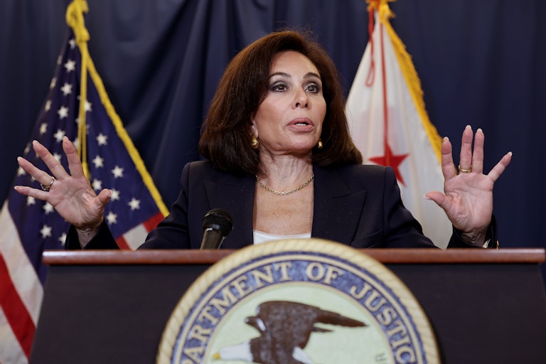 D.C. Attorney Jeanine Pirro speaks at a Justice Department podium