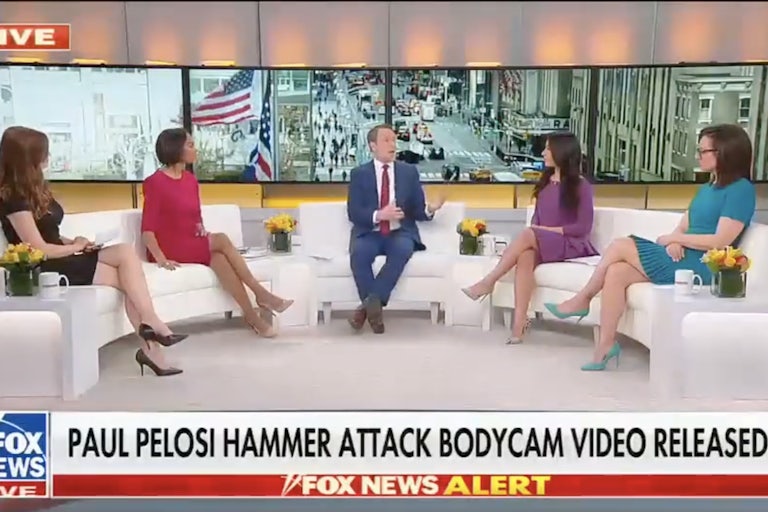 Screenshot of Fox News hosts talking (4 women and 1 man, sitting in a semicircle) with the chyron: Paul Pelosi Hammer Attack Bodycam Video Released