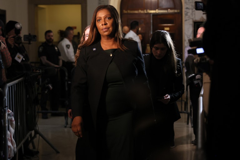 New York Attorney General Letitia James walks in a courtroom.
