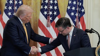 House Speaker Mike Johnson takes a submissive posture with Trump