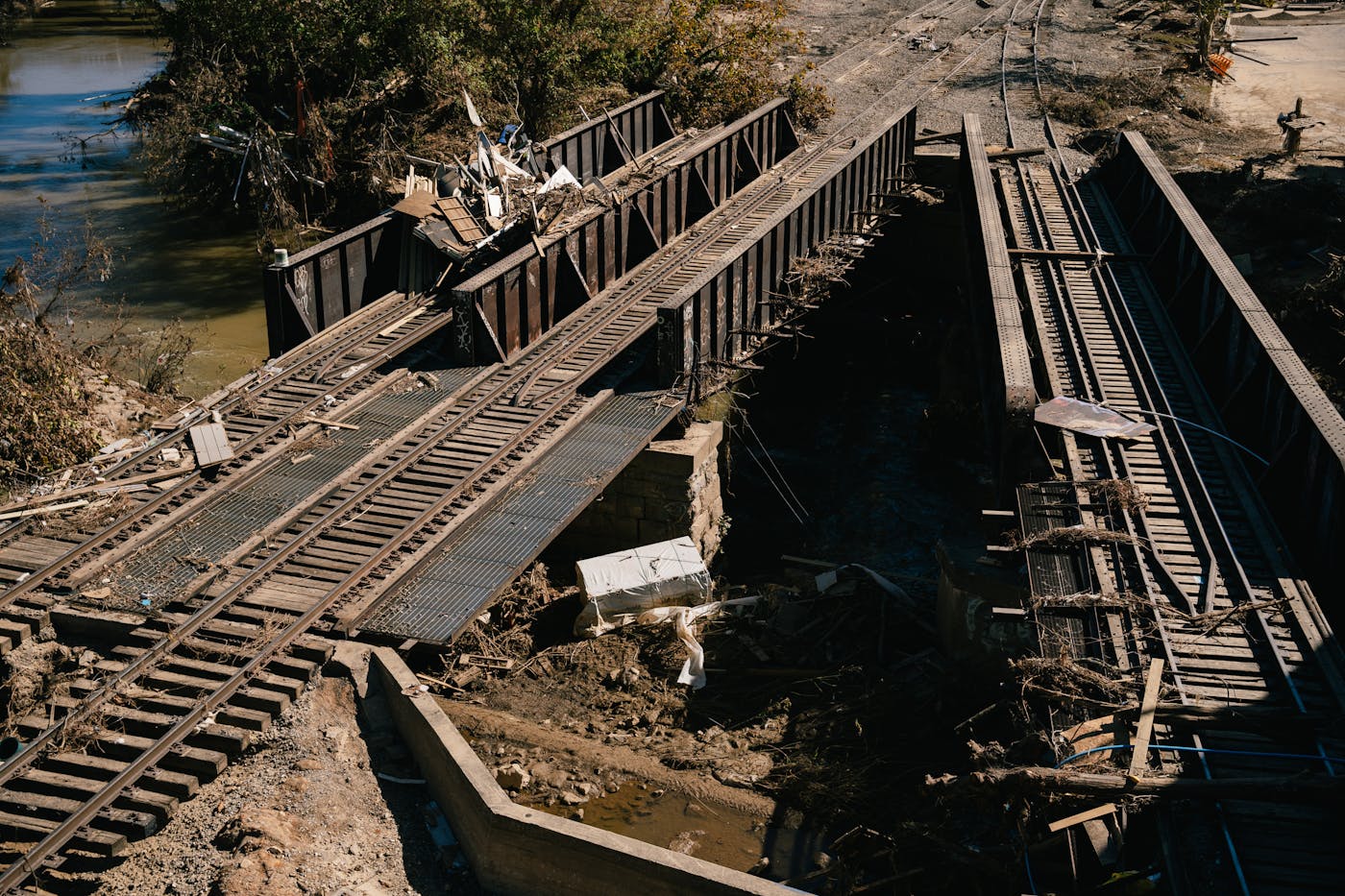 A photograph of train tracks over the French Broad River near Asheville which were severely damaged when the waterway swelled to more than 24 feet on September 27.