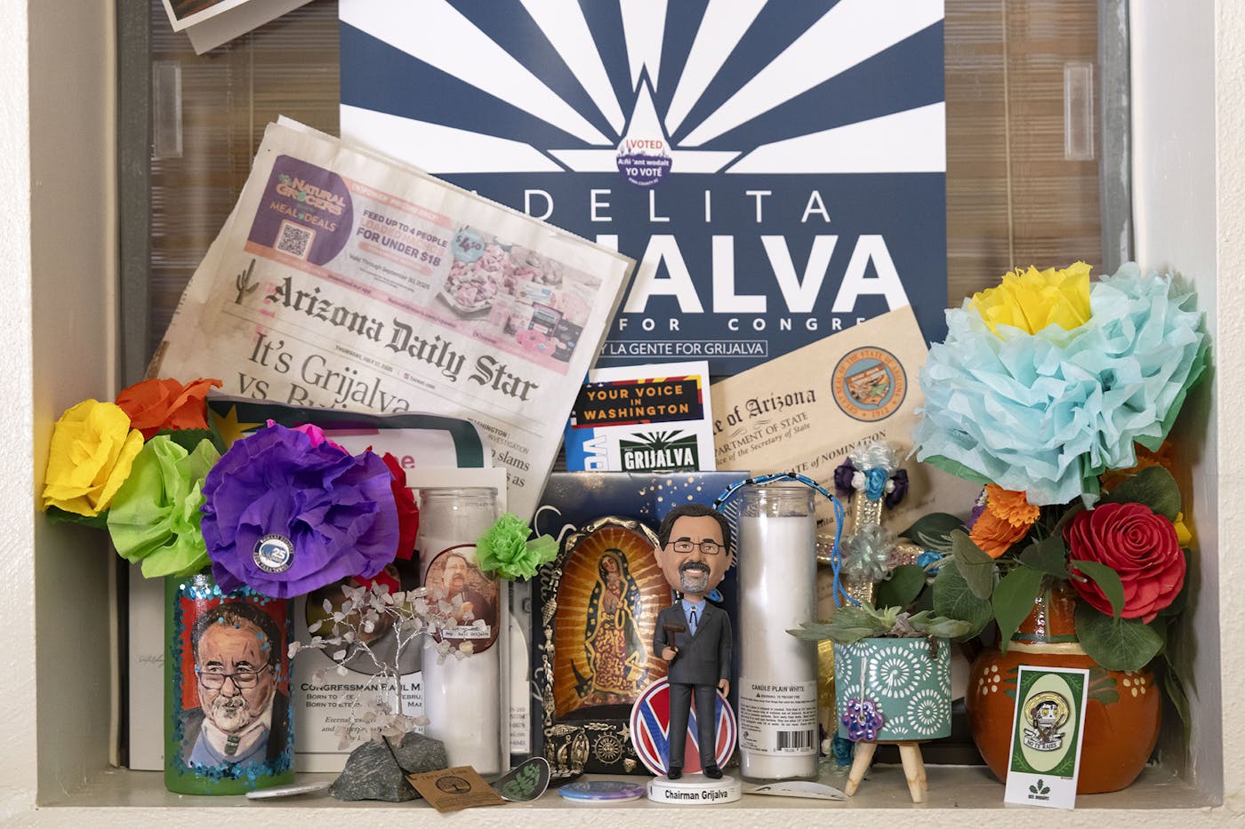 A memorial to Adelita Grijalva’s father, Representative Raúl Grijalva, at her campaign headquarters in Tucson