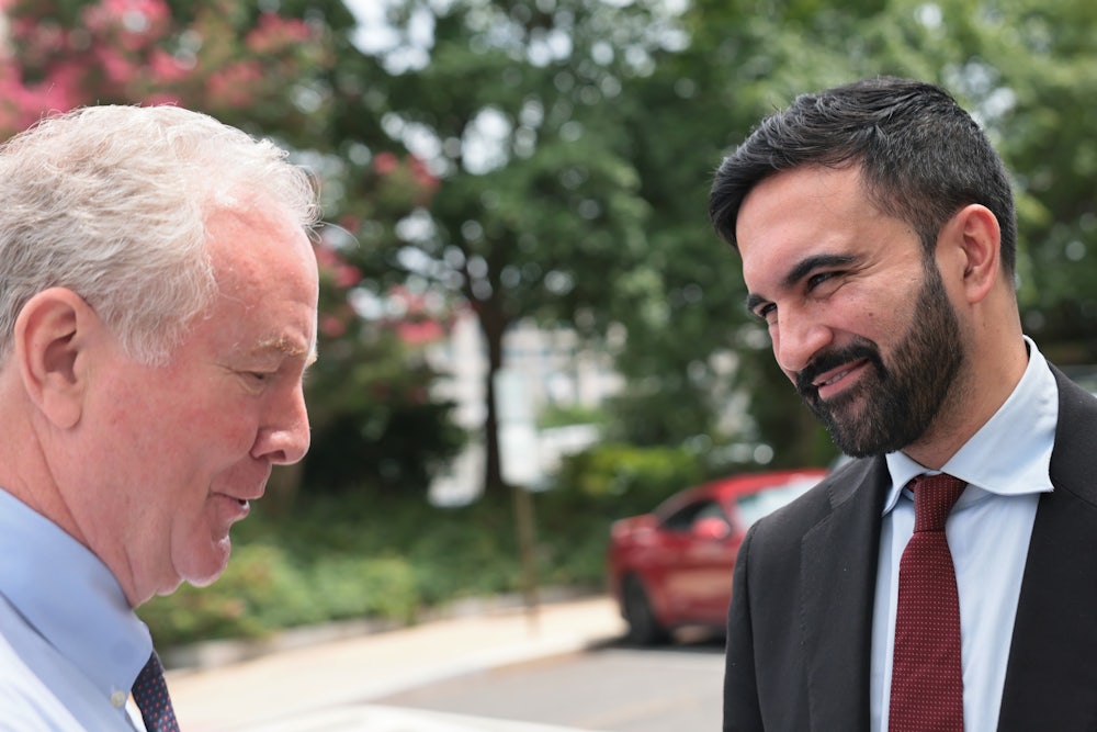 Chris Van Hollen and Zohran Mamdani speaking outside after a meeting