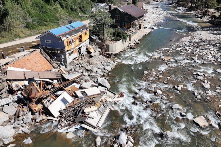 An aerial view of some of the wreckage Hurricane Helene caused in North Carolina