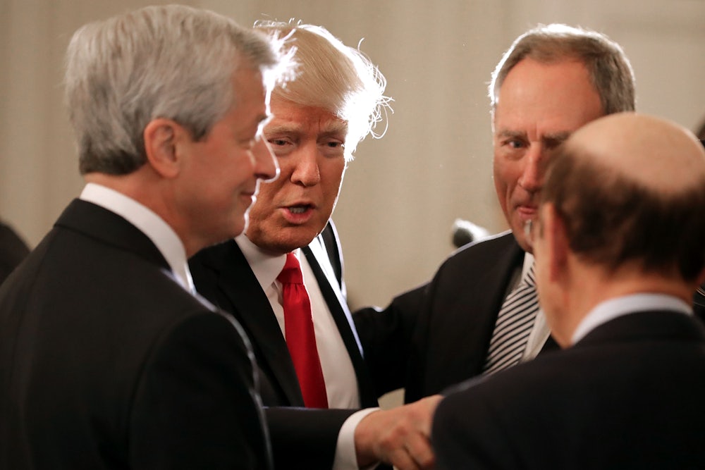President Trump greets JPMorgan Chase CEO Jamie Dimon and other guests
