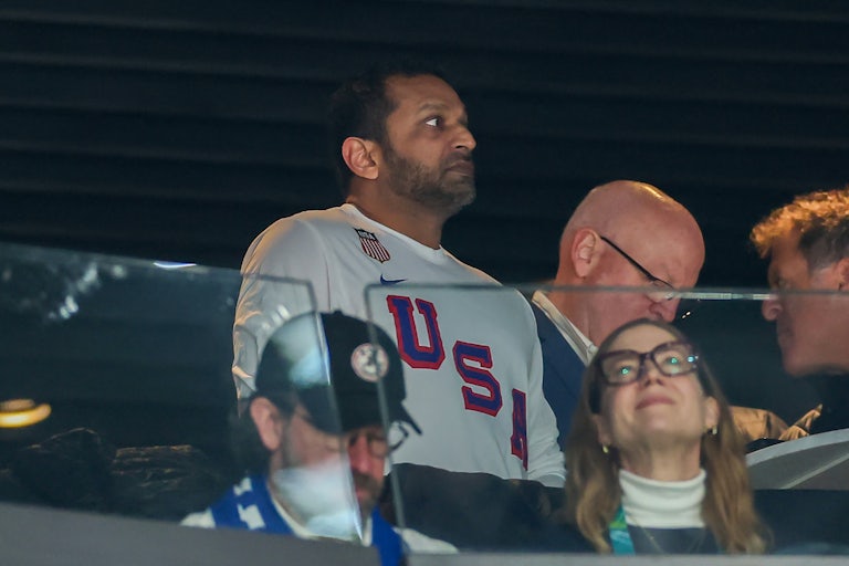 FBI Director Kash Patel stands in the audience ahead of the men's hockey final at the 2026 Winter Olympics