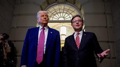 Speaker of the House Mike Johnson accompanied by U.S. President Donald Trump, speaks to members of the media.
