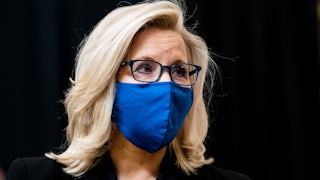Liz Cheney wearing a blue mask, against a black background