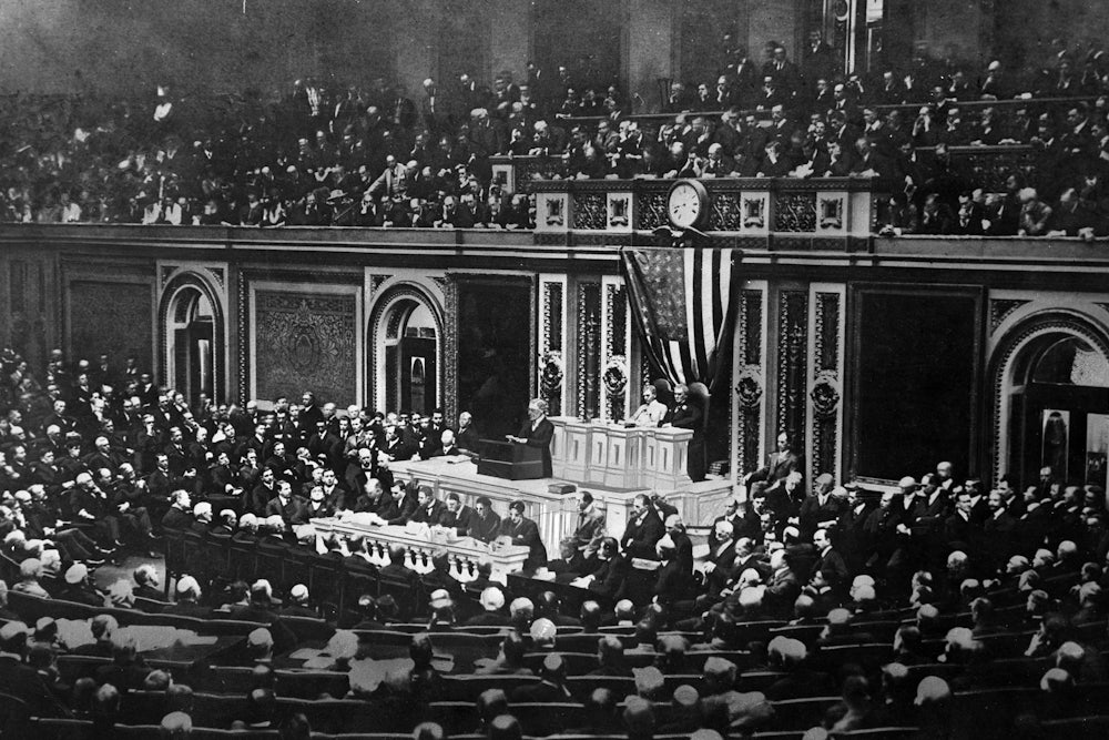 President Woodrow Wilson asks Congress to send U.S. troops into battle against Germany in World War I, in his address to Congress in Washington D.C. on April 2, 1917.