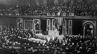 President Woodrow Wilson asks Congress to send U.S. troops into battle against Germany in World War I, in his address to Congress in Washington D.C. on April 2, 1917.