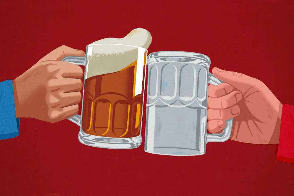Illustration of two people clinking beer mugs, one wearing a red shirt holding an empty mug and the other wearing a blue shirt holding a mug full of beer.