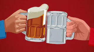 Illustration of two people clinking beer mugs, one wearing a red shirt holding an empty mug and the other wearing a blue shirt holding a mug full of beer.