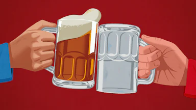 Illustration of two people clinking beer mugs, one wearing a red shirt holding an empty mug and the other wearing a blue shirt holding a mug full of beer.
