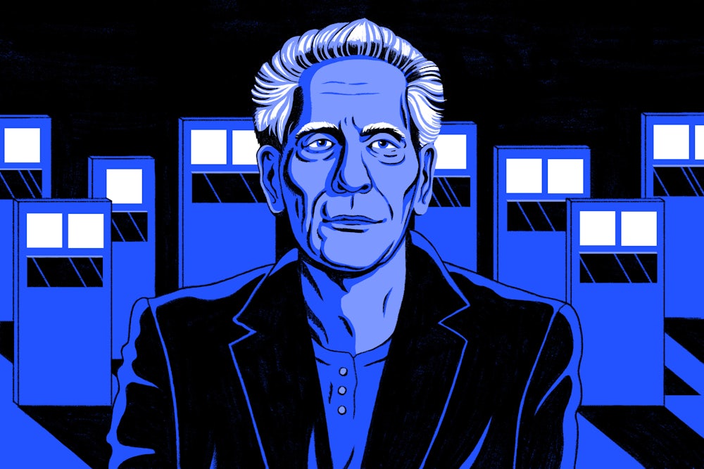 Illustration of David Cronenberg standing in front of the digital tombstones featured in his new film