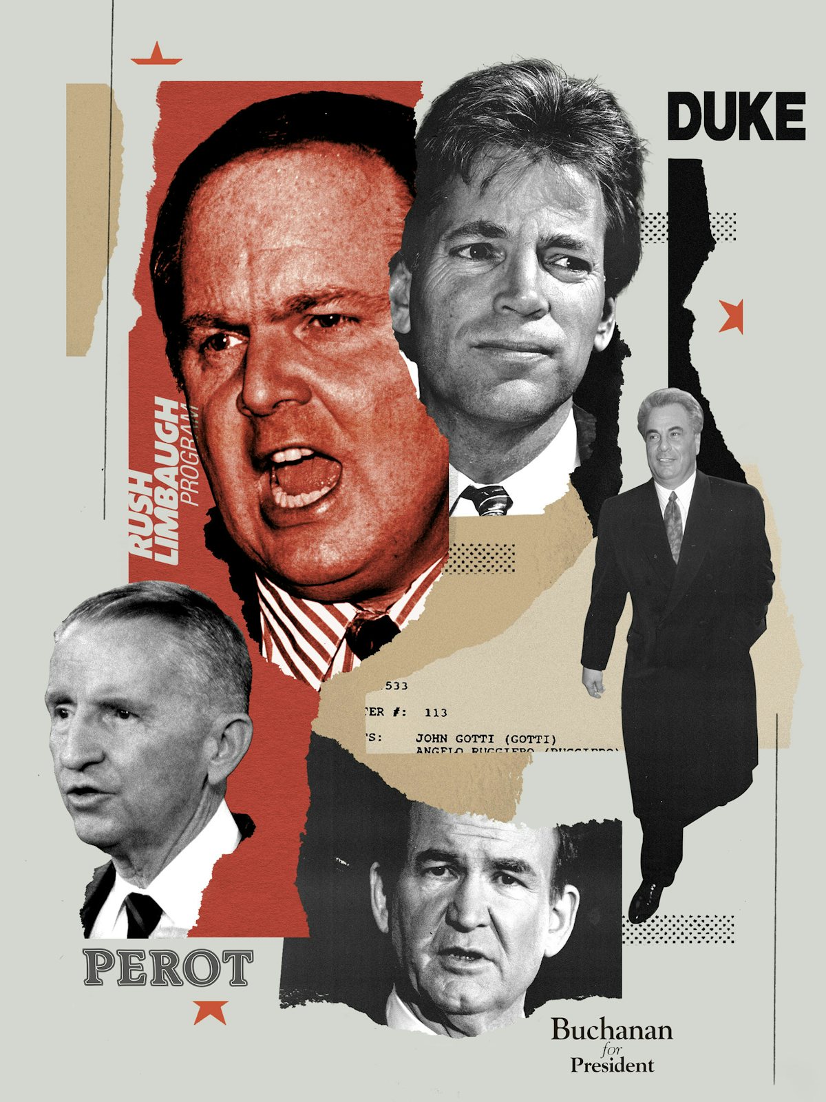 Illustrative photo collage of Pat Buchanan, David Duke, John Gotti, Rush Limbaugh, and Ross Perot