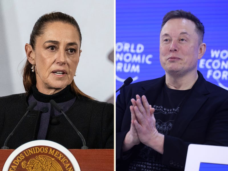 Splitscreen of Mexican President Claudia Sheinbaum and Elon Musk