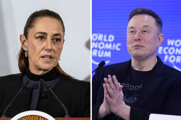 Splitscreen of Mexican President Claudia Sheinbaum and Elon Musk