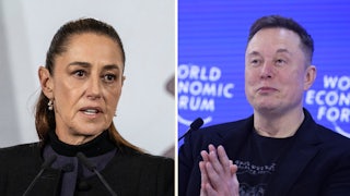Splitscreen of Mexican President Claudia Sheinbaum and Elon Musk