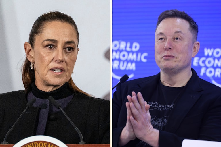 Splitscreen of Mexican President Claudia Sheinbaum and Elon Musk