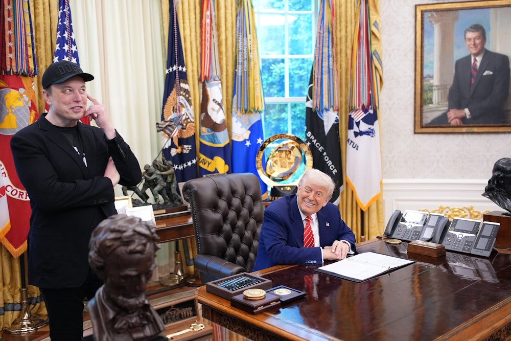 Elon Musk speaks alongside Donald Trump to reporters in the Oval Office of the White House.