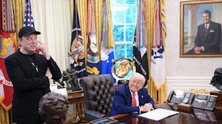 Elon Musk speaks alongside Donald Trump to reporters in the Oval Office of the White House.