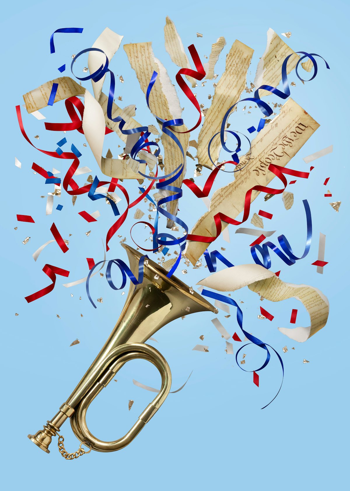 A photo illustration of a horn blasting confetti and pieces of the constitution 