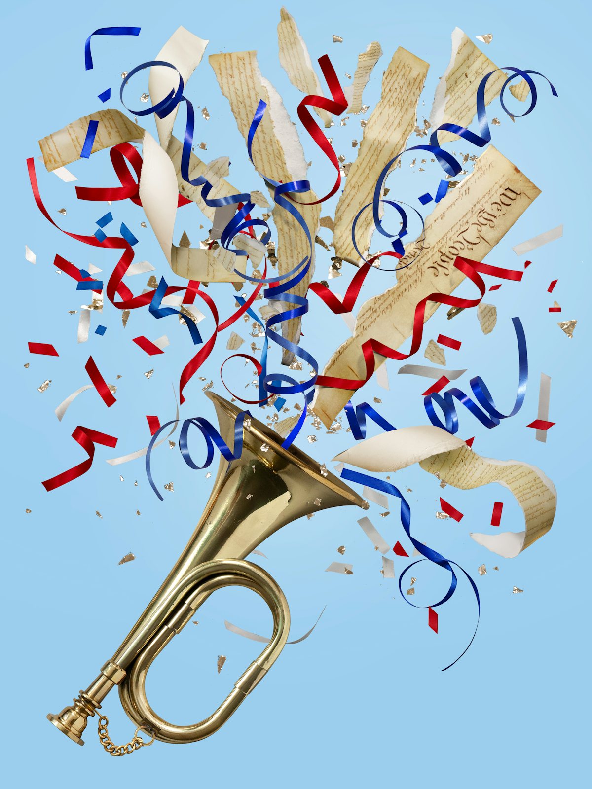 A photo illustration of a horn blasting confetti and pieces of the constitution