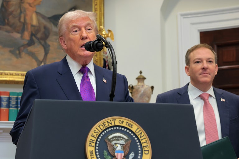 Donald Trump and EPA Administrator Lee Zeldin speak in the Oval Office of the White House.