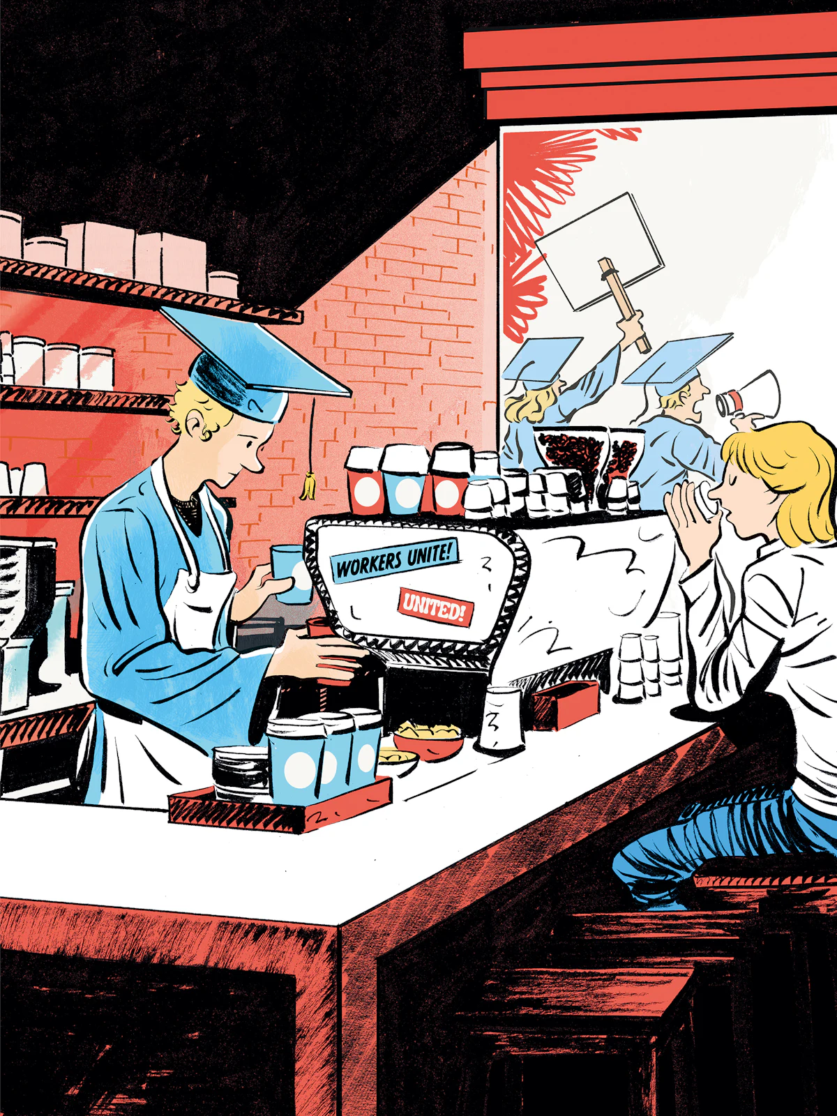 College graduates are needing to settle for jobs at places like coffee shops. Many of them are unionizing for better working conditions and wages. The illustration shows an underemployed recent graduate still in his graduation gown to point out the absurdity of his situation.