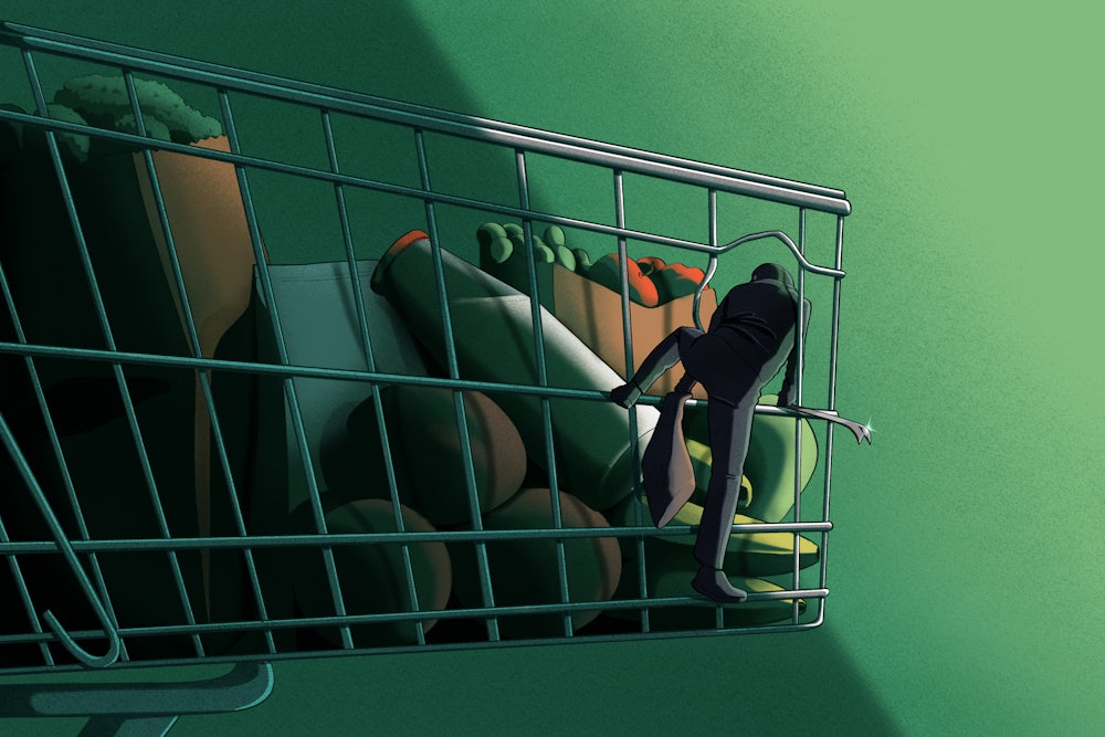 An illustration of a robber climbing into a grocery cart