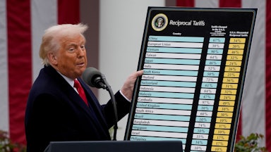 Donald Trump holds up a chart of tariffs while standing at a podium during a press conference in the White House Rose Garden
