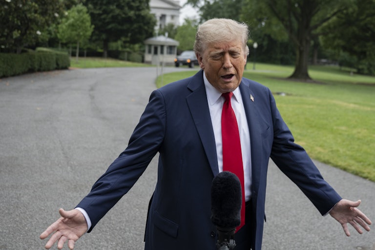 Donald Trump holds his arms out while speaking to reporters outside the White House