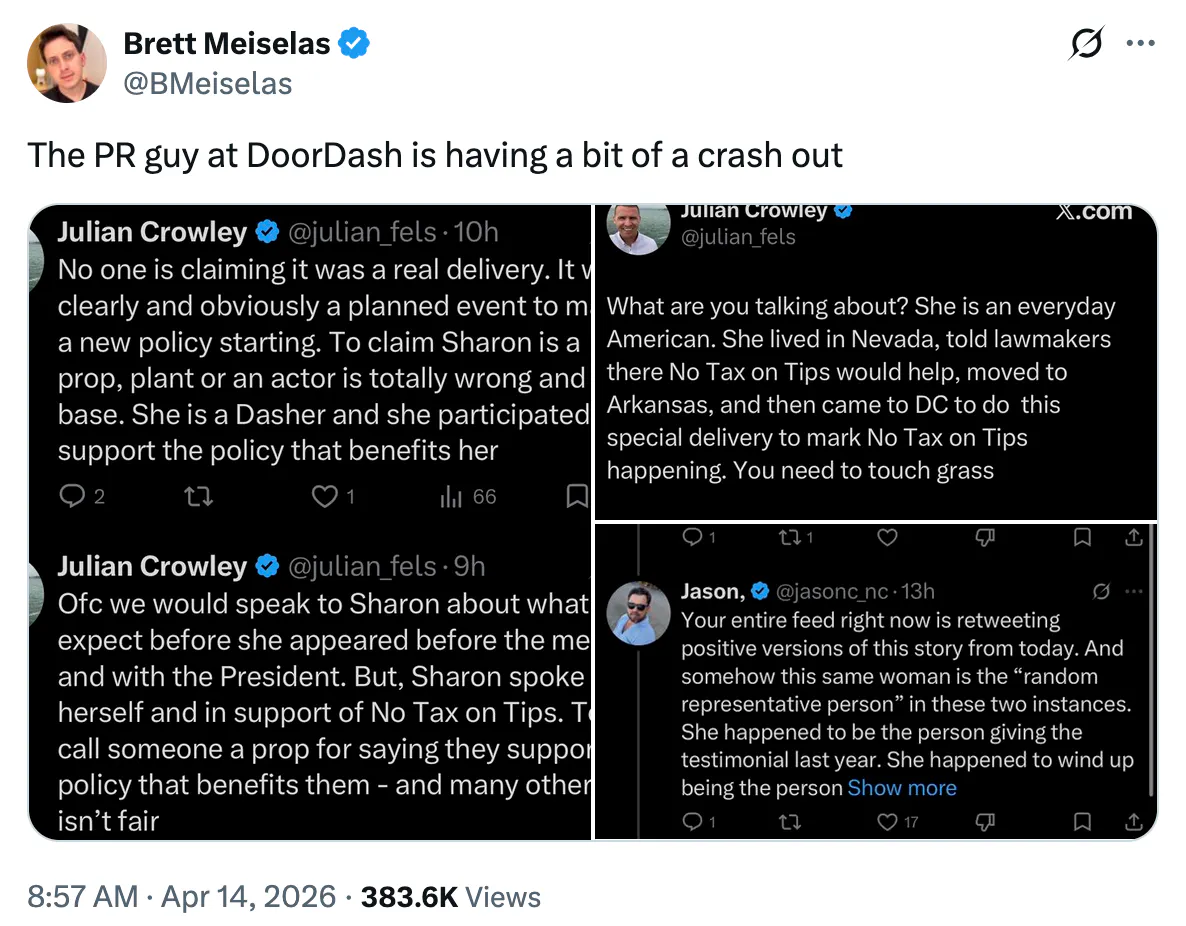 Screenshot X Brett Meiselas @BMeiselas The PR guy at DoorDash is having a bit of a crash out (screenshots of Julian Crowley's tweets)
