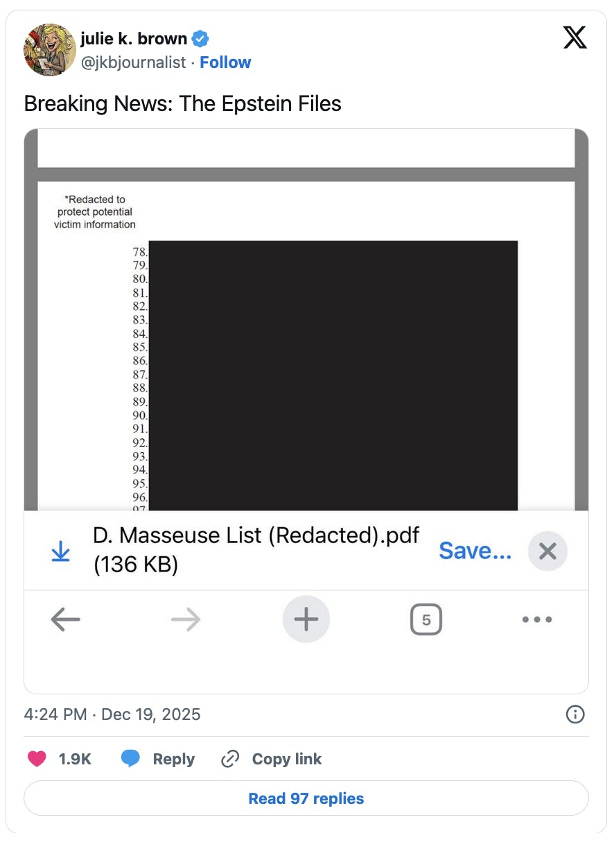 X screenshot julie k. brown @jkbjournalist Breaking News: The Epstein Files (screenshot of completely redacted Masseuse List)