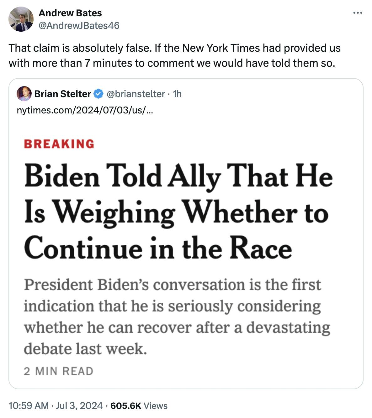 Twitter Screenshot Andrew Bates @AndrewJBates46: That claim is absolutely false. If the New York Times had provided us with more than 7 minutes to comment we would have told them so.