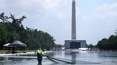 A worker pulls a net through the Reflecting Pool