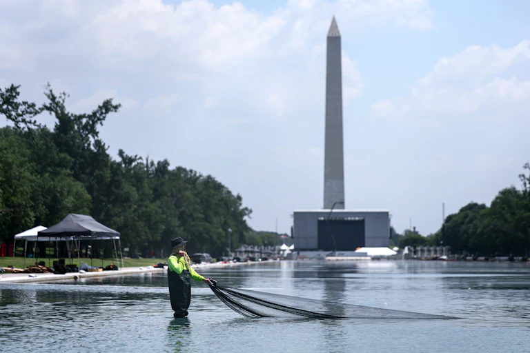A worker pulls a net through the Reflecting Pool