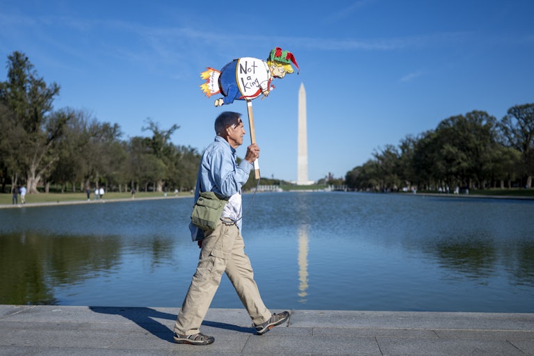 A protester walks past the Reflecting Pool, opposite the Washington Monument, holding up a drawing of Donald Trump that says, "Not a king"