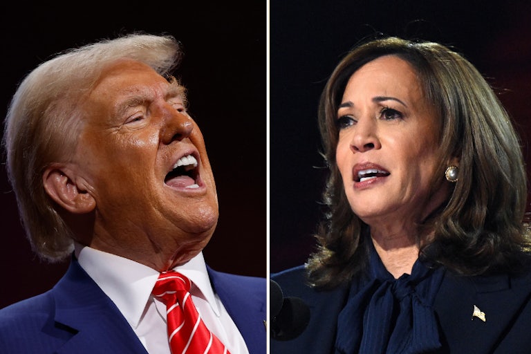 Splitscreen of Donald Trump yelling and Kamala Harris looking worried