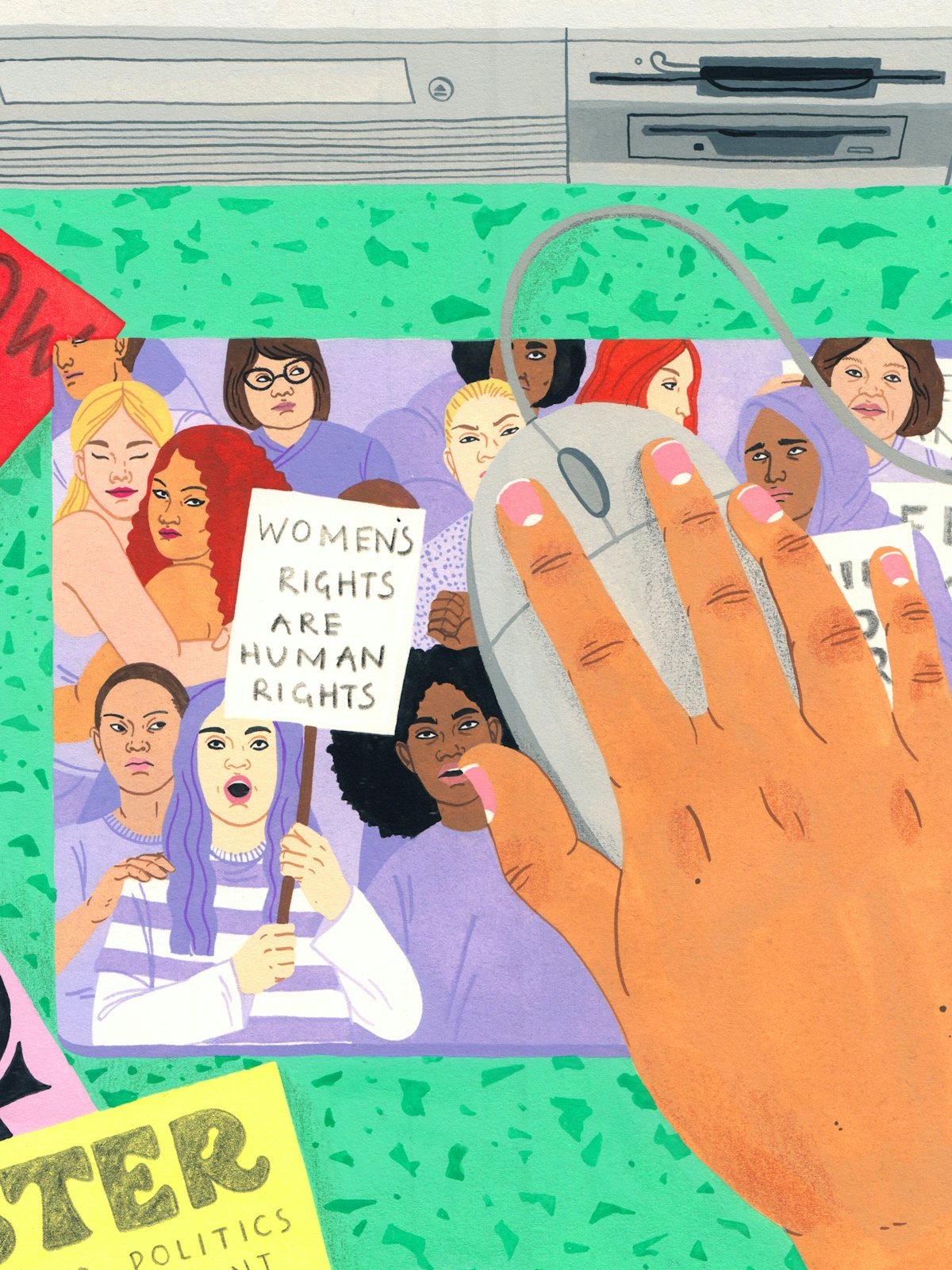 A woman holds a sign saying "women's rights are human rights"